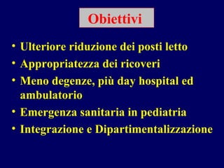 Obiettivi   Ulteriore riduzione dei posti letto Appropriatezza dei ricoveri Meno degenze, più day hospital ed ambulatorio Emergenza sanitaria in pediatria Integrazione e Dipartimentalizzazione   