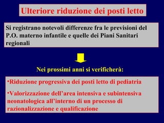 Ulteriore riduzione dei posti letto Si registrano notevoli differenze fra le previsioni del P.O. materno infantile e quelle dei Piani Sanitari regionali  Nei prossimi anni si verificherà:   Riduzione progressiva dei posti letto di pediatria Valorizzazione dell’area intensiva e subintensiva  neonatologica all’interno di un processo di razionalizzazione e qualificazione   