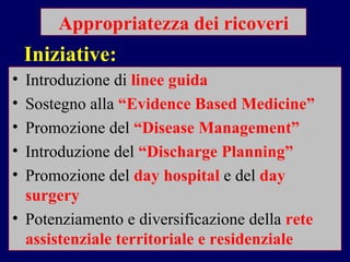 Appropriatezza dei ricoveri Introduzione   di   linee guida Sostegno alla   “Evidence Based Medicine” Promozione del   “Disease Management”   Introduzione del   “Discharge Planning” Promozione del   day hospital   e del   day surgery Potenziamento e diversificazione della   rete assistenziale territoriale e residenziale   Iniziative: 