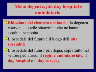 Meno degenze, più day hospital e ambulatorio   Riduzione del ricovero ordinario , la degenza riservata a quelle situazioni  che ne hanno assoluta necessità L’ospedale del futuro è il luogo dell’ alta   specialità L’ospedale del futuro privilegia, soprattutto nel settore pediatrico, il  regime ambulatoriale , il  day hospital   o il   day surgery 