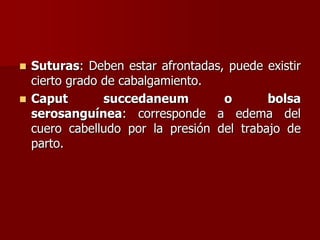  Suturas: Deben estar afrontadas, puede existir
cierto grado de cabalgamiento.
 Caput succedaneum o bolsa
serosanguínea: corresponde a edema del
cuero cabelludo por la presión del trabajo de
parto.
 