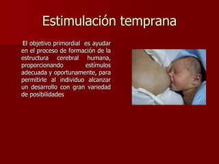 Estimulación temprana
El objetivo primordial es ayudar
en el proceso de formación de la
estructura cerebral humana,
proporcionando estímulos
adecuada y oportunamente, para
permitirle al individuo alcanzar
un desarrollo con gran variedad
de posibilidades
 