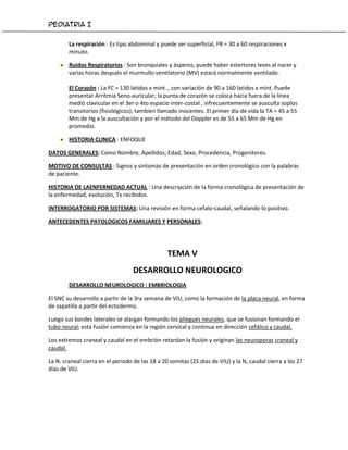 Pediatria I


        La respiración : Es tipo abdominal y puede ser superficial, FR = 30 a 60 respiraciones x
        minuto.

        Ruidos Respiratorios : Son bronquiales y ásperos, puede haber estertores leves al nacer y
        varias horas después el murmullo ventilatorio (MV) estará normalmente ventilado.

        El Corazón : La FC = 130 latidos x mint. , con variación de 90 a 160 latidos x mint. Puede
        presentar Arritmia Seno-auricular; la punta de corazón se coloca hacia fuera de la linea
        medió clavicular en el 3er o 4to espacio inter-costal , infrecuentemente se ausculta soplos
        transitorios (fisiológicos), tambien llamado inocentes. El primer día de vida la TA = 45 a 55
        Mm de Hg a la auscultación y por el método del Doppler es de 55 a 65 Mm de Hg en
        promedio.

        HISTORIA CLINICA : ENFOQUE

DATOS GENERALES: Como Nombre, Apellidos; Edad, Sexo, Procedencia, Progenitores.

MOTIVO DE CONSULTAS : Signos y sintomas de presentación en orden cronológico con la palabras
de paciente.

HISTORIA DE LAENFERNEDAD ACTUAL : Una descripción de la forma cronológica de presentación de
la enfermedad, evolución, Tx recibidos.

INTERROGATORIO POR SISTEMAS: Una revisión en forma cefalo-caudal, señalando lo positivo.

ANTECEDENTES PATOLOGICOS FAMILIARES Y PERSONALES:




                                                 TEMA V
                                  DESARROLLO NEUROLOGICO
        DESARROLLO NEUROLOGICO : EMBRIOLOGIA

El SNC su desarrollo a partir de la 3ra semana de VIU, como la formación de la placa neural, en forma
de zapatilla a partir del ectodermo.

Luego sus bordes laterales se alargan formando los pliegues neurales, que se fusionan formando el
tubo neural; esta fusión comienza en la región cervical y continua en dirección cefálico y caudal.

Los extremos craneal y caudal en el embrión retardan la fusión y originan las neuroporas craneal y
caudal.

La N. craneal cierra en el periodo de las 18 a 20 somitas (25 días de VIU) y la N, caudal cierra a los 27
días de VIU.
 