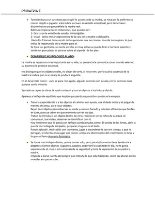 Pediatria I


        Tambien busca un sustituto para suplir la ausencia de su madre, se nota por la preferencia
        con un objeto o juguete, esto indica un buen desarrollo emocional, pero tiene hacer
        discriminativo ya que prefiere la madre real.
        Además empieza hacer imitaciones, que pueden ser :
        1- Oral : con la emisión de sonidos ininteligibles.
        2- visual : como imitar expresiones de la cara de la madre o del padre.
         Hacia los 9 meses tiene recelo de las personas que no conoce, mas de las mujeres, lo que
        indica la importancia de la madre para el.
        Se toca sus genitales, se sienta en silla; es muy activo se puede tirar si no tiene soporte y
        siente un gran placer al pararse sobre el soporte de los pies.

        DESARROLLO NEUROLOGICO AL AÑO :

La madre es la persona mas importante en su vida, su presencia le comunica con el mundo exterior,
su ausencia le produce ansiedad.

No distingue que los objetos reales, no dejan de serlo, si no se ven; por lo cual la ausencia de la
madre le indica que no es real y le produce angustia.

En el desarrollo motor : unos se para con ayuda, algunas caminan con ayuda y otros caminan solo
aunque son la minoría.

Sentado es capaz de darse la vuelta sobre si y buscar objetos a los lados y detrás.

Aparece al reflejo de equilibrio que impide que pierda su posición cuando se le empuja.

        Tiene la capacidad de ir a los objetos al caminar con ayuda; usa el dedo índice y el pulgar de
        manera de pinza, para tocar objetos.
        Dejan caer objetos para observar su caída y vuelven hacerlo y calculan el tiempo que tardan
        en caer, pues ya saben en que momento cerrar los ojos.
        Tratan de introducir un objeto dentro de otro; reconocen otros niños de su edad, sé
        comunican, loa imitan, observan se identifican con el.
        Hay fenómeno que lo asocia con reflejos condicionados como: El sonido de las lleves, abrir la
        puerta con la llegada del padre; preparar el agua con el baño.
        Puede aplaudir, decir adiós con las manos, jugar a esconderse la cara en la ropa, a que lo
        persigan, le interesa mas jugar que comer, unido a la disminución del crecimiento; lo lleva a
        lo que se llama Anorexia fisiológica.

        Se torna mas independiente, quiere comer solo, pero paradójicamente tiene tendencia a
        pegarse a ciertos objetos (juguetes, zapatos, cobertor) lo usan todo el día, no le gusta
        separarse de el, mas si esta amenazada se seguridad y teme la separación de su padre y
        madre.
        Empieza a darse cuenta del peligro que entraña lo que esta haciendo, como las alturas de los
        muebles en que se sube.
 