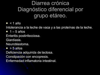 Diarrea crónica Diagnóstico diferencial por grupo etáreo. < 1 año Intolerancia a la leche de vaca y a las proteínas de la leche. 1 – 5 años Enteritis postinfecciosa. Giardiasis. Neuroblastoma. > 5 años Deficiencia adquirida de lactosa. Constipación con encopresis. Enfermedad inflamatoria intestinal. 