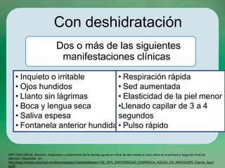 Con deshidratación
Dos o más de las siguientes
manifestaciones clínicas
• Inquieto o irritable
• Ojos hundidos
• Llanto sin lágrimas
• Boca y lengua seca
• Saliva espesa
• Fontanela anterior hundida
• Respiración rápida
• Sed aumentada
• Elasticidad de la piel menor
•Llenado capilar de 3 a 4
segundos
• Pulso rápido
GPC SSA-156-08: Atención, diagnóstico y tratamiento de la diarrea aguda en niños de dos meses a cinco años en el primero y segundo nivel de
atención. Disponible en:
http://www.cenetec.salud.gob.mx/descargas/gpc/CatalogoMaestro/156_GPC_ENFERMEDAD_DIARREICA_AGUDA_EN_NINOS/GRR_Diarrea_Agud
a.pdf
 