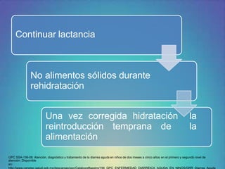 Continuar lactancia
No alimentos sólidos durante
rehidratación
Una vez corregida hidratación la
reintroducción temprana de la
alimentación
GPC SSA-156-08: Atención, diagnóstico y tratamiento de la diarrea aguda en niños de dos meses a cinco años en el primero y segundo nivel de
atención. Disponible
en:
 