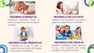 DESARROLLO NEONATAL
DESARROLLO NEONATAL
Condiciones importantes durante el
parto: sin riesgos como distocia o hipoxia
nenonatal
DESARROLLO DE LACTANTE
DESARROLLO DE LACTANTE
Cambios de vida intrauterina a un estado de
inquietud y adaptación para el individuo
DESARROLLO DEL PREESCOLAR
DESARROLLO DEL PREESCOLAR
Curiosidad por lo que lo rodea, se
cumplen funciones básicas del lenguaje,
comunicación y socialización
DESARROLLO DEL ESCOLAR
DESARROLLO DEL ESCOLAR
Equilibrio, coordinación motora, diferencia
en izq y der, capacitado para realizar
actividades, conciencia de su pensar
 