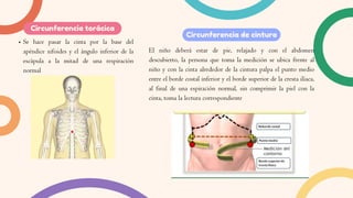 Circunferencia torácica
Circunferencia de cintura
Se hace pasar la cinta por la base del
apéndice xifoides y el ángulo inferior de la
escápula a la mitad de una respiración
normal
El niño deberá estar de pie, relajado y con el abdomen
descubierto, la persona que toma la medición se ubica frente al
niño y con la cinta alrededor de la cintura palpa el punto medio
entre el borde costal inferior y el borde superior de la cresta ilíaca,
al final de una espiración normal, sin comprimir la piel con la
cinta, toma la lectura correspondiente
 