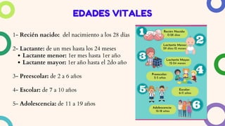 1- Recién nacido: del nacimiento a los 28 días
2- Lactante: de un mes hasta los 24 meses
Lactante menor: 1er mes hasta 1er año
Lactante mayor: 1er año hasta el 2do año
3- Preescolar: de 2 a 6 años
4- Escolar: de 7 a 10 años
5- Adolescencia: de 11 a 19 años
EDADES VITALES
EDADES VITALES
 