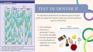 TEST DE DENVER II
Es necesario determinar la edad en que la mayor
parte es capaz de resolver cada uno de los reactivos
que la conforman
125 reactivos
Entre las 2
semanas/1 mes y
los 6 años de edad
Función preventiva
Los resultados se
registran en curvas
ascendetes
 