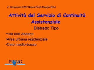 4° Congresso FIMP Napoli 22-23 Maggio 2004
Attività del Servizio di Continuità
Assistenziale
•100.000 Abitanti
•Area urbana residenziale
•Ceto medio-basso
4° Congresso FIMP Napoli 22-23 Maggio 2004
Distretto Tipo
 