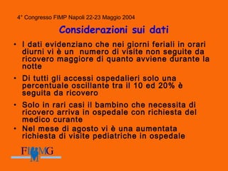 4° Congresso FIMP Napoli 22-23 Maggio 2004
Considerazioni sui dati
• I dati evidenziano che nei giorni feriali in orari
diurni vi è un numero di visite non seguite da
ricovero maggiore di quanto avviene durante la
notte
• Di tutti gli accessi ospedalieri solo una
percentuale oscillante tra il 10 ed 20% è
seguita da ricovero
• Solo in rari casi il bambino che necessita di
ricovero arriva in ospedale con richiesta del
medico curante
• Nel mese di agosto vi è una aumentata
richiesta di visite pediatriche in ospedale
 