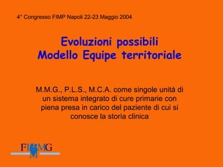 4° Congresso FIMP Napoli 22-23 Maggio 2004
Evoluzioni possibili
Modello Equipe territoriale
M.M.G., P.L.S., M.C.A. come singole unità di
un sistema integrato di cure primarie con
piena presa in carico del paziente di cui si
conosce la storia clinica
4° Congresso FIMP Napoli 22-23 Maggio 2004
 