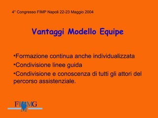 4° Congresso FIMP Napoli 22-23 Maggio 2004
Vantaggi Modello Equipe
•Formazione continua anche individualizzata
•Condivisione linee guida
•Condivisione e conoscenza di tutti gli attori del
percorso assistenziale.
4° Congresso FIMP Napoli 22-23 Maggio 2004
 
