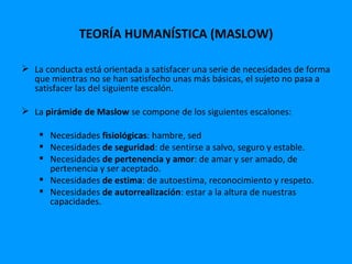 TEORÍA HUMANÍSTICA (MASLOW)

 La conducta está orientada a satisfacer una serie de necesidades de forma
  que mientras no se han satisfecho unas más básicas, el sujeto no pasa a
  satisfacer las del siguiente escalón.

 La pirámide de Maslow se compone de los siguientes escalones:

     Necesidades fisiológicas: hambre, sed
     Necesidades de seguridad: de sentirse a salvo, seguro y estable.
     Necesidades de pertenencia y amor: de amar y ser amado, de
      pertenencia y ser aceptado.
     Necesidades de estima: de autoestima, reconocimiento y respeto.
     Necesidades de autorrealización: estar a la altura de nuestras
      capacidades.
 