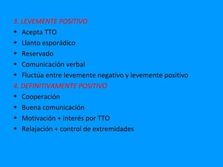 3. LEVEMENTE POSITIVO
• Acepta TTO
• Llanto esporádico
• Reservado
• Comunicación verbal
• Fluctúa entre levemente negativo y levemente positivo
4. DEFINITIVAMENTE POSITIVO
• Cooperación
• Buena comunicación
• Motivación + interés por TTO
• Relajación + control de extremidades
 