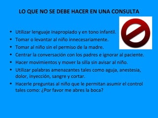 LO QUE NO SE DEBE HACER EN UNA CONSULTA


• Utilizar lenguaje inapropiado y en tono infantil.
• Tomar o levantar al niño innecesariamente.
• Tomar al niño sin el permiso de la madre.
• Centrar la conversación con los padres e ignorar al paciente.
• Hacer movimientos y mover la silla sin avisar al niño.
• Utilizar palabras amenazantes tales como aguja, anestesia,
  dolor, inyección, sangre y cortar.
• Hacerle preguntas al niño que le permitan asumir el control
  tales como: ¿Por favor me abres la boca?
 