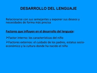 DESARROLLO DEL LENGUAJE

Relacionarse con sus semejantes y exponer sus deseos y
necesidades de forma más precisa

Factores que influyen en el desarrollo del lenguaje:
Factor interno: los características del niño
Factores externos: el cuidado de los padres, estatus socio-
económico y la cultura donde ha nacido el niño
 