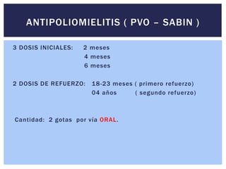 3 DOSIS INICIALES: 2 meses
4 meses
6 meses
2 DOSIS DE REFUERZO: 18-23 meses ( primero refuerzo)
04 años ( segundo refuerzo)
Cantidad: 2 gotas por vía ORAL.
ANTIPOLIOMIELITIS ( PVO – SABIN )
 