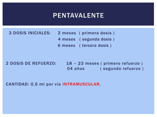 3 DOSIS INICIALES: 2 meses ( primera dosis )
4 meses ( segunda dosis )
6 meses ( tercera dosis )
PENTAVALENTE
2 DOSIS DE REFUERZO: 18 – 23 meses ( primero refuerzo )
04 años ( segundo refuerzo )
CANTIDAD: 0,5 ml por vía INTRAMUSCULAR.
 