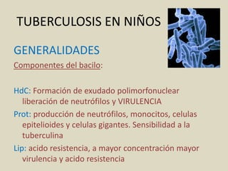 TUBERCULOSIS EN NIÑOS
GENERALIDADES
Componentes del bacilo:
HdC: Formación de exudado polimorfonuclear
liberación de neutrófilos y VIRULENCIA
Prot: producción de neutrófilos, monocitos, celulas
epitelioides y celulas gigantes. Sensibilidad a la
tuberculina
Lip: acido resistencia, a mayor concentración mayor
virulencia y acido resistencia
 