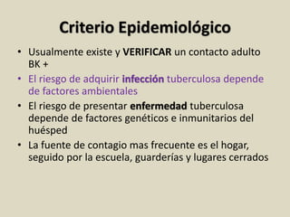 Criterio Epidemiológico
• Usualmente existe y VERIFICAR un contacto adulto
BK +
• El riesgo de adquirir infección tuberculosa depende
de factores ambientales
• El riesgo de presentar enfermedad tuberculosa
depende de factores genéticos e inmunitarios del
huésped
• La fuente de contagio mas frecuente es el hogar,
seguido por la escuela, guarderías y lugares cerrados
 