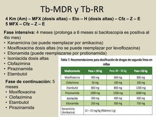 Tb-MDR y Tb-RR
4 Km (Am) – MFX (dosis altas) – Eto – H (dosis altas) – Cfz – Z – E
5 MFX – Cfz – Z – E
Fase intensiva: 4 meses (prolonga a 6 meses si baciloscopía es positiva al
4to mes)
• Kanamicina (se puede reemplazar por amikacina)
• Moxifloxacina dosis altas (no se puede reemplazar por levoflozacina)
• Etionamida (puede reemplazarse por protionamida)
• Isoniacida dosis altas
• Clofazimina
• Pirazinamida
• Etambutol
Fase de continuación: 5
meses
• Moxifloxacina
• Clofazimina
• Etambutol
• Pirazinamida
 