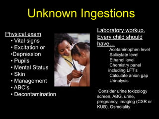 Physical exam
• Vital signs
• Excitation or
•Depression
• Pupils
• Mental Status
• Skin
• Management
• ABC’s
• Decontamination
Unknown Ingestions
Laboratory workup.
Every child should
have…
Acetaminophen level
Salicylate level
Ethanol level
Chemistry panel
including LFT’s
Calculate anion gap
Urinalysis
Consider urine toxicology
screen, ABG, urine,
pregnancy, imaging (CXR or
KUB), Osmolality
 