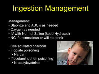 Ingestion Management
Management:
• Stabilize and ABC’s as needed
• Oxygen as needed
• IV with Normal Saline (keep Hydrated)
• NG if unconscious or will not drink
•Give activated charcoal
• If opiate poisoning
• Narcan
• If acetaminophen poisoning
• N-acetylcysteine
 