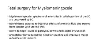 Fetal surgery for Myelomeningocele
• Myelomeningocele: spectrum of anomalies in which portion of the SC
are uncovered by SC.
• neural tissue exposed to injurious effects of amniotic fluid and trauma
from contact with uterine wall.
• nerve damage--lower ex paralysis, bowel and bladder dysfunction
• prenatalsurgery reduced the need for shunting and improved motor
outcome at 30 months
 