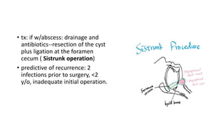 • tx: if w/abscess: drainage and
antibiotics--resection of the cyst
plus ligation at the foramen
cecum ( Sistrunk operation)
• predictive of recurrence: 2
infections prior to surgery, <2
y/o, inadequate initial operation.
 