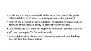 • stricture-- a string is inserted thru the eso-- fluoroscopically guided
balloon dilation of stricture + esophagoscopy under gen anest
• mngt of eso perforation during dilation: antibiotics, irrigation, closed
drainage of the thoracic cavity to prevent systemic sepsis.
• severe stricture that does not responds to dilation: eso replacement
• MC used eso rep is COLON and stomach
• feeding jejunostomy is placed at time of surgery and tube feedings
once postop ileus has resolved.
 