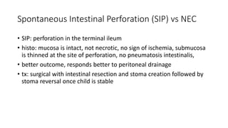 Spontaneous Intestinal Perforation (SIP) vs NEC
• SIP: perforation in the terminal ileum
• histo: mucosa is intact, not necrotic, no sign of ischemia, submucosa
is thinned at the site of perforation, no pneumatosis intestinalis,
• better outcome, responds better to peritoneal drainage
• tx: surgical with intestinal resection and stoma creation followed by
stoma reversal once child is stable
 