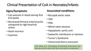 Clinical Presentation of CoA in Neonates/Infants
Signs/Symptoms
• Can present in shock during first
6-8 weeks
• Decreased femoral arterial pulse
compared to right brachial
artery
• Heart murmur
• Cyanosis
Associated conditions
• Bicuspid aortic valve
• VSD
• PDA
• Mitral valve stenosis
• Hypoplastic aortic arch
• Subaortic membrane or stenosis
• Turner’s Syndrome
• Intracranial berry aneurysm
Joshi, Gitika, et al. “Presentation of Coarctation of the Aorta in the
Neonates and the Infant with Short and Long Term Implications.”
 