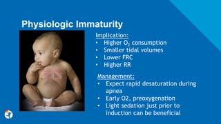 Physiologic Immaturity
Management:
• Expect rapid desaturation during
apnea
• Early O2, preoxygenation
• Light sedation just prior to
induction can be beneficial
Implication:
• Higher O2 consumption
• Smaller tidal volumes
• Lower FRC
• Higher RR
 