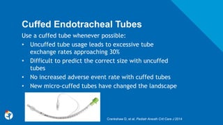 Cuffed Endotracheal Tubes
Use a cuffed tube whenever possible:
• Uncuffed tube usage leads to excessive tube
exchange rates approaching 30%
• Difficult to predict the correct size with uncuffed
tubes
• No increased adverse event rate with cuffed tubes
• New micro-cuffed tubes have changed the landscape
Crankshaw D, et al. Pediatr Anesth Crit Care J 2014
 