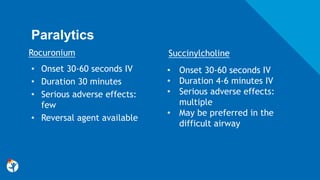Paralytics
• Onset 30-60 seconds IV
• Duration 30 minutes
• Serious adverse effects:
few
• Reversal agent available
Rocuronium Succinylcholine
• Onset 30-60 seconds IV
• Duration 4-6 minutes IV
• Serious adverse effects:
multiple
• May be preferred in the
difficult airway
 