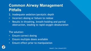 Common Airway Management
Pitfalls
2. Inadequate sedation/paralytic depth
• Incorrect dosing or failure to redose
• Results in thrashing, breath-holding and partial
obstruction, leading to rapid oxygen desaturation
The solution:
• Ensure correct dosing
• Ensure multiple doses available
• Ensure effect prior to manipulation
Karsli C. Can J Anesth 2015
 
