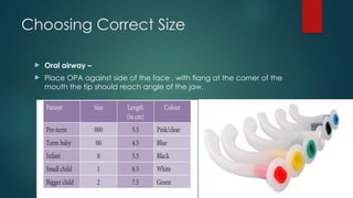 Choosing Correct Size
 Oral airway –
 Place OPA against side of the face , with flang at the corner of the
mouth the tip should reach angle of the jaw.
 