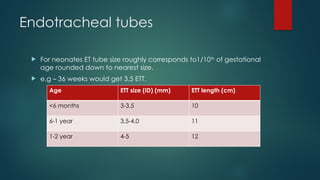 Endotracheal tubes
 For neonates ET tube size roughly corresponds to1/10th
of gestational
age rounded down to nearest size.
 e.g – 36 weeks would get 3.5 ETT.
Age ETT size (ID) (mm) ETT length (cm)
<6 months 3-3.5 10
6-1 year 3.5-4.0 11
1-2 year 4-5 12
 