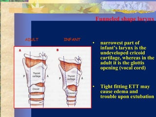 Funneled shape larynx


ADULT   INFANT
                 •    narrowest part of
                      infant’s larynx is the
                      undeveloped cricoid
                      cartilage, whereas in the
                      adult it is the glottis
                      opening (vocal cord)


                 •    Tight fitting ETT may
                      cause edema and
                      trouble upon extubation
 