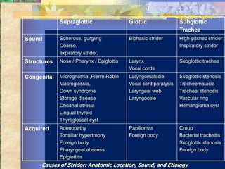 Supraglottic                  Glottic                Subglottic
                                                                  Trachea
Sound        Sonorous, gurgling            Biphasic stridor       High-pitched stridor
             Coarse,                                              Inspiratory stridor
             expiratory stridor,
Structures   Nose / Pharynx / Epiglottis   Larynx                 Subglottic trachea
                                           Vocal cords
Congenital   Micrognathia ,Pierre Robin    Laryngomalacia         Subglottic stenosis
             Macroglossia,                 Vocal cord paralysis   Tracheomalacia
             Down syndrome                 Laryngeal web          Tracheal stenosis
             Storage disease               Laryngocele            Vascular ring
             Choanal atresia                                      Hemangioma cyst
             Lingual thyroid
             Thyroglossal cyst
Acquired     Adenopathy                    Papillomas             Croup
             Tonsillar hypertrophy         Foreign body           Bacterial tracheitis
             Foreign body                                         Subglottic stenosis
             Pharyngeal abscess                                   Foreign body
             Epiglottitis
      Causes of Stridor: Anatomic Location, Sound, and Etiology
 