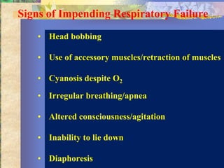 Signs of Impending Respiratory Failure
   • Head bobbing

   • Use of accessory muscles/retraction of muscles

   • Cyanosis despite O2

   • Irregular breathing/apnea

   • Altered consciousness/agitation

   • Inability to lie down

   • Diaphoresis
 