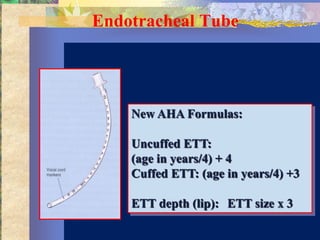 Endotracheal Tube




    New AHA Formulas:

    Uncuffed ETT:
    (age in years/4) + 4
    Cuffed ETT: (age in years/4) +3

    ETT depth (lip): ETT size x 3
 