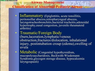 Airway Management
Classification of Abnormal Pediatric Airway

 • Inflammatory (Epiglottitis, acute tonsillitis,
    peritonsillar abscess,retropharyngeal abscess,
    laryngotracheobronchitis,bacterial tracheitis,adenoidal
    hypertrophy,nasal congestion, juvenile rheumatoid
    arthritis)
 • Traumatic/Foreign Body
    (burn,laceration,lymphatic/venous
    obstruction,fractures/dislocation, inhalational
    injury, postintubation croup (edema),swelling of
    uvula
 • Metabolic (Congenital hypothyroidism,
    mucopolysaccharidosis, Beckwith-Wiedemann
    Syndrome,glycogen storage disease, hypocalcemia
    laryngospasm)
 