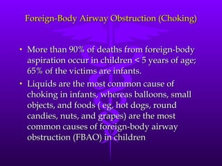 Foreign-Body Airway Obstruction (Choking) More than 90% of deaths from foreign-body aspiration occur in children < 5 years of age; 65% of the victims are infants. Liquids are the most common cause of choking in infants, whereas balloons, small objects, and foods ( eg, hot dogs, round candies, nuts, and grapes) are the most common causes of foreign-body airway obstruction (FBAO) in children 