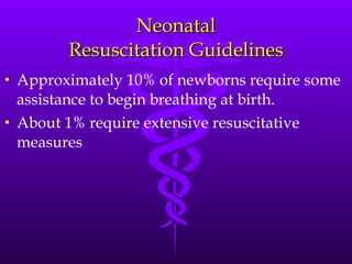 Neonatal Resuscitation Guidelines Approximately 10% of newborns require some assistance to begin breathing at birth.  About 1% require extensive resuscitative measures 