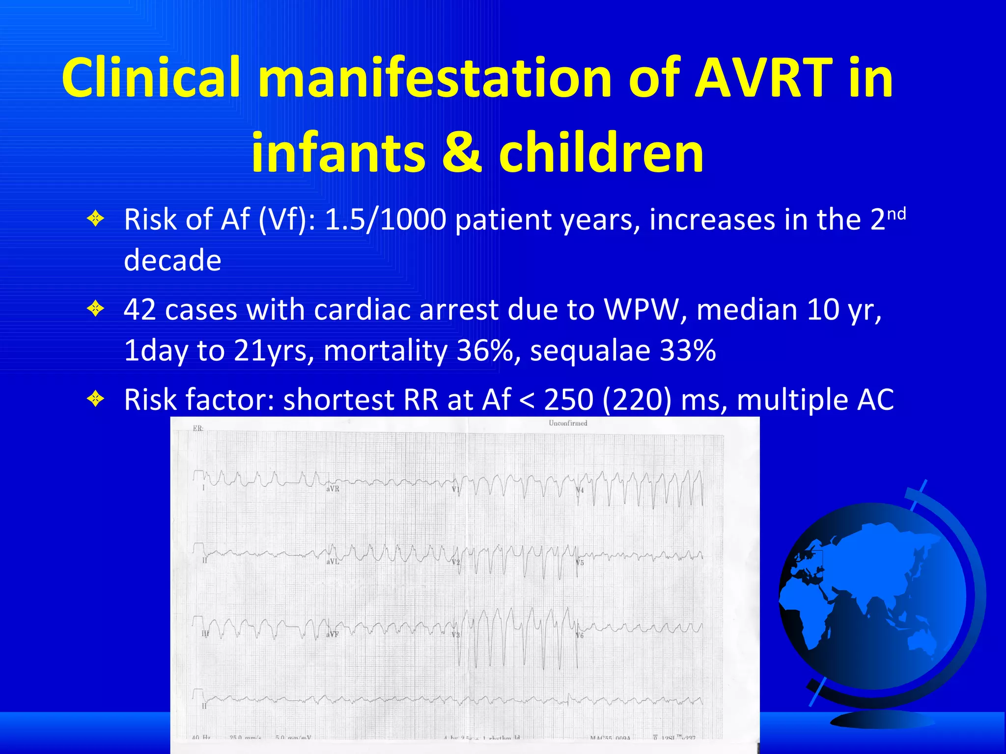 Clinical manifestation of AVRT in infants & children Risk of Af (Vf): 1.5/1000 patient years, increases in the 2 nd  decade 42 cases with cardiac arrest due to WPW, median 10 yr, 1day to 21yrs, mortality 36%, sequalae 33% Risk factor: shortest RR at Af < 250 (220) ms, multiple AC ,  