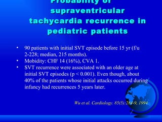 Probability of supraventricular tachycardia recurrence in pediatric patients Wu et al. Cardiology. 85(5):284-9, 1994. 90 patients with initial SVT episode before 15 yr (f/u 2-228; median, 215 months).  Mobidity: CHF 14 (16%), CVA 1.  SVT recurrence were associated with an older age at initial SVT episodes (p < 0.001). Even though, about 40% of the patients whose initial attacks occurred during infancy had recurrences 5 years later. 